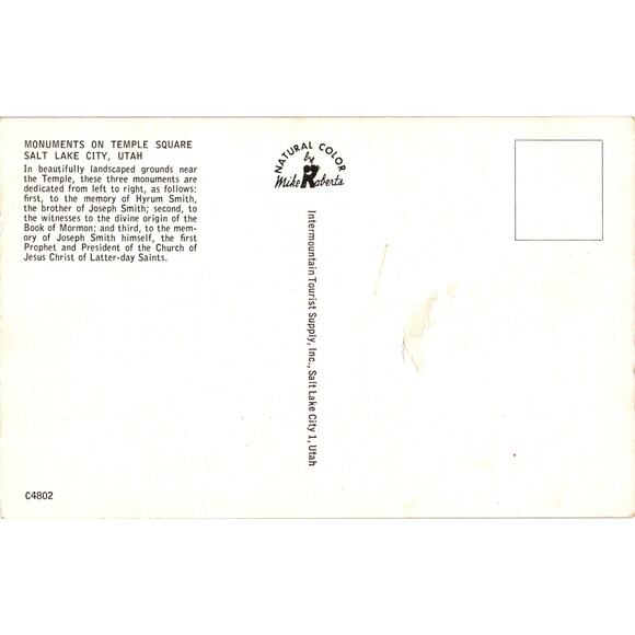 Monuments on Temple Square Salt Lake City Utah Postcard Unposted - Picture 2 of 2